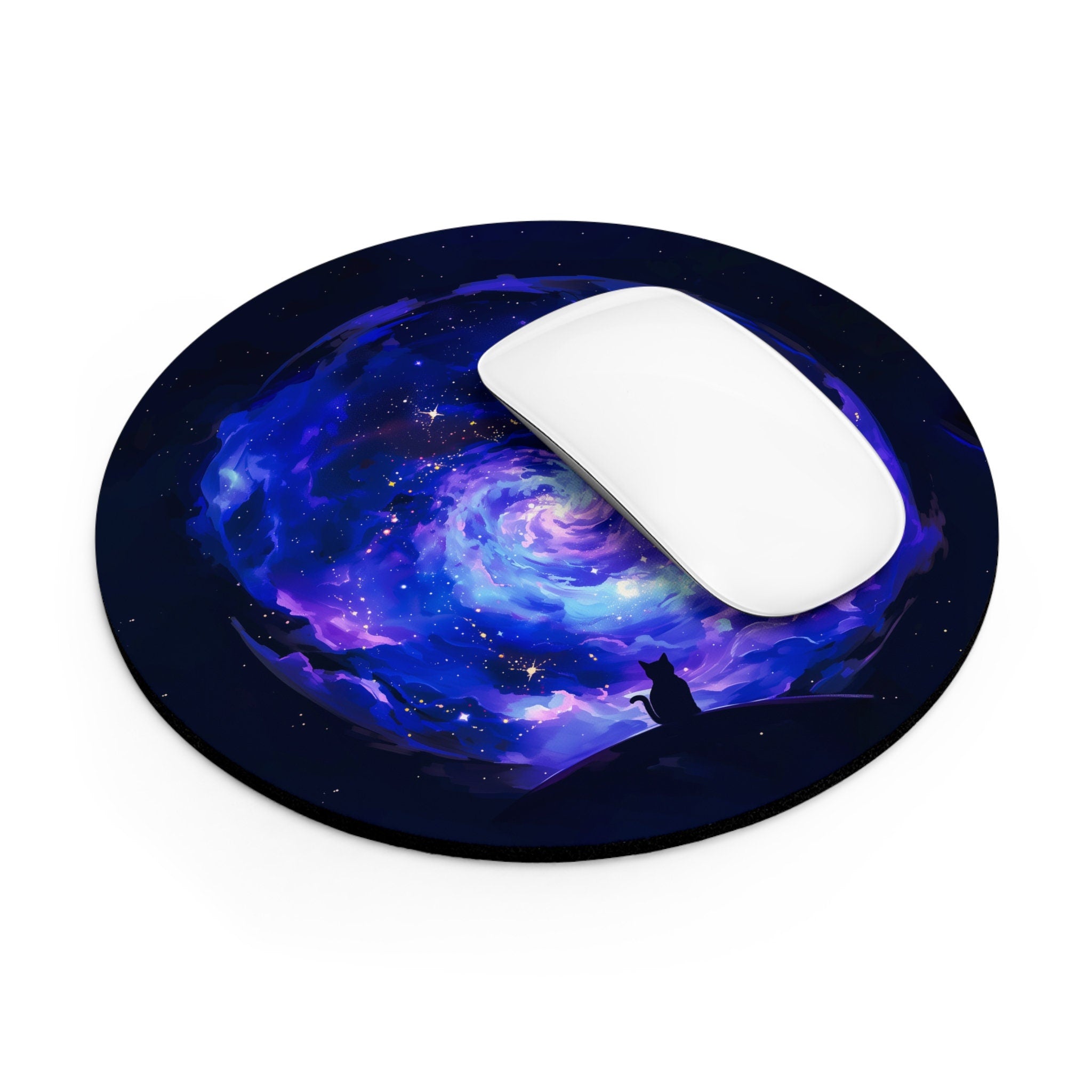 Galaxy Mousepad Cat Vaporwave Office Decor - Moon and Stars Round Mouse Pad - Cute Cozy Desk Mat - Celestial Cat Aesthetic Desktop