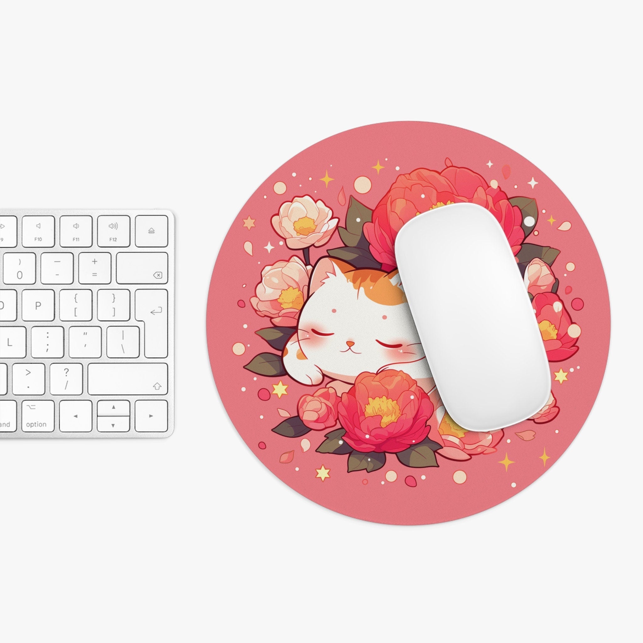 Floral Mousepad Kawaii Office Decor - Sleeping Cat Cartoon Round Mouse Pad - Cute Cozy Illustration Desk Mat - Fruit Girly Aesthetic Desktop
