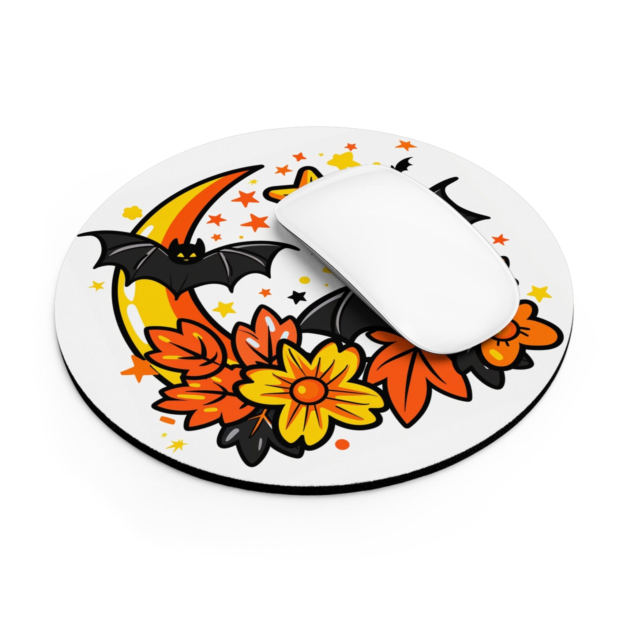 Mouse Pad Round Halloween Bats & Autumn Leaves - Cute Cartoon Office Desk Accessories - Aesthetic Office Decor - 7x7in Gift for Friend
