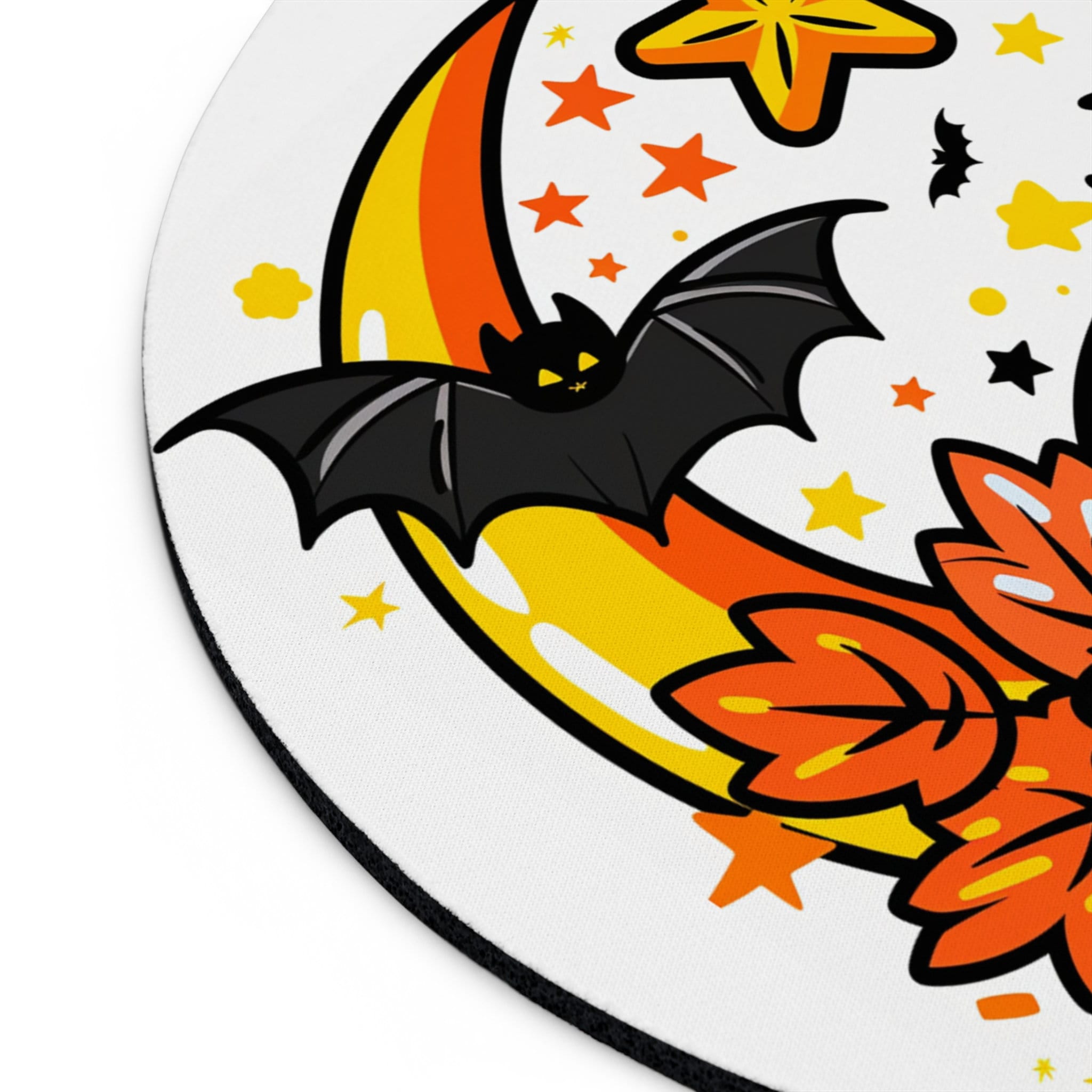 Mouse Pad Round Halloween Bats & Autumn Leaves - Cute Cartoon Office Desk Accessories - Aesthetic Office Decor - 7x7in Gift for Friend