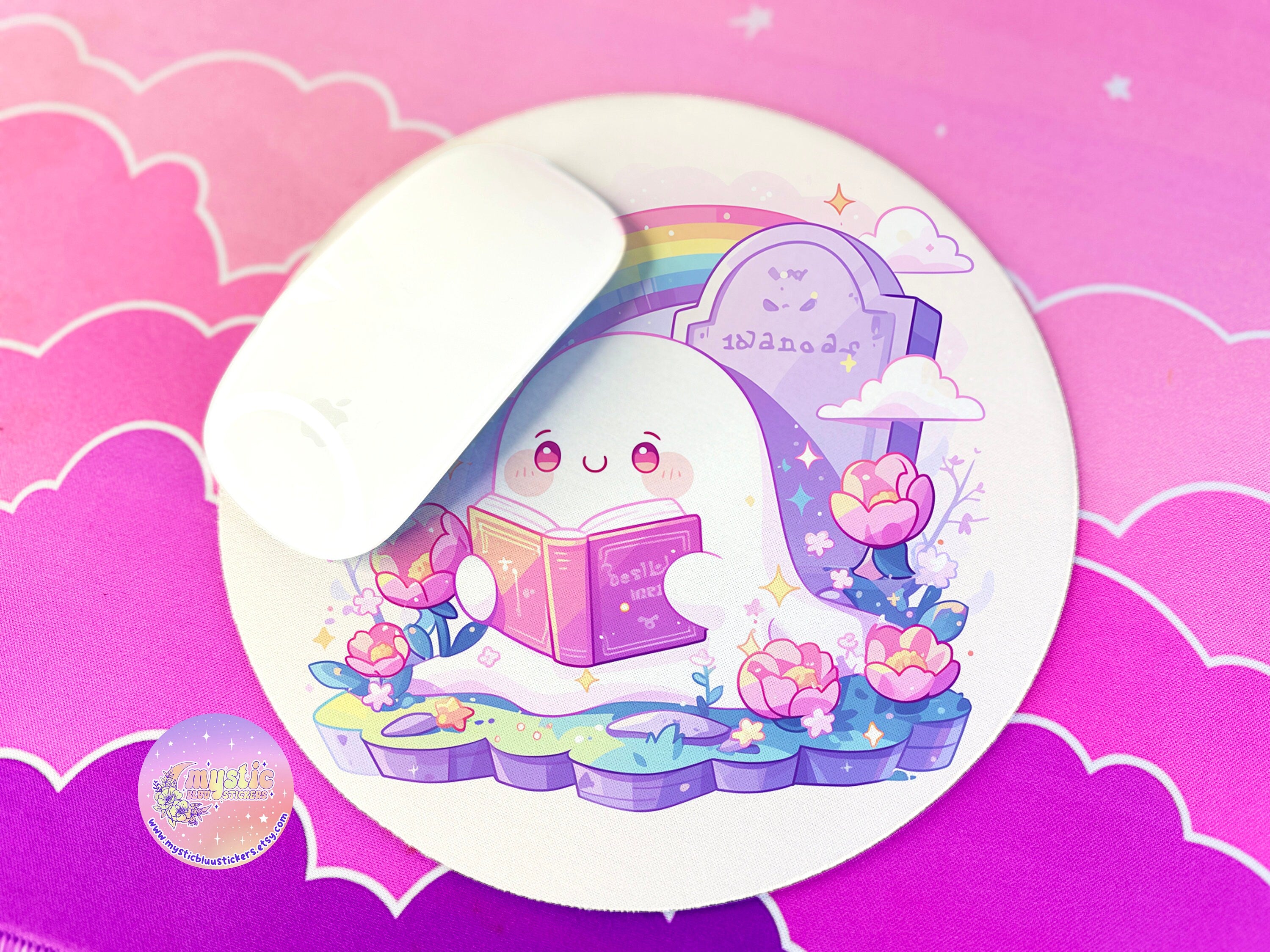 Ghost Reading Mousepad Floral Kawaii Decor, Moon and Stars, Round Mouse Pad, Cozy Desk Mat, Witchy Ghost Aesthetic Desktop