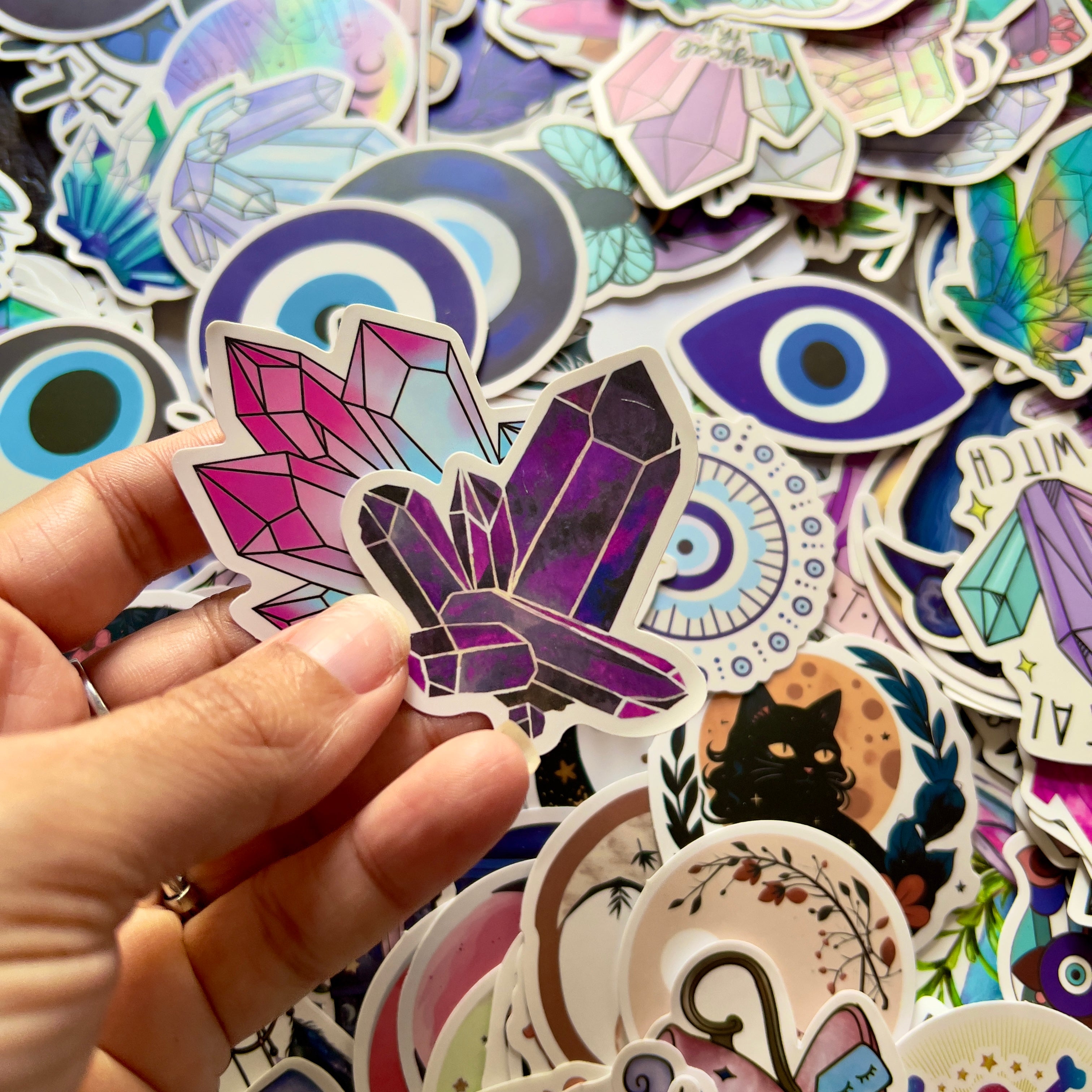 Witchy Stickers, Spiritual Confetti Stickers, Crystals, Black Cat, Boho Aesthetic, Mystery Evil Eye Moon Stars, Tarot Card Stickers