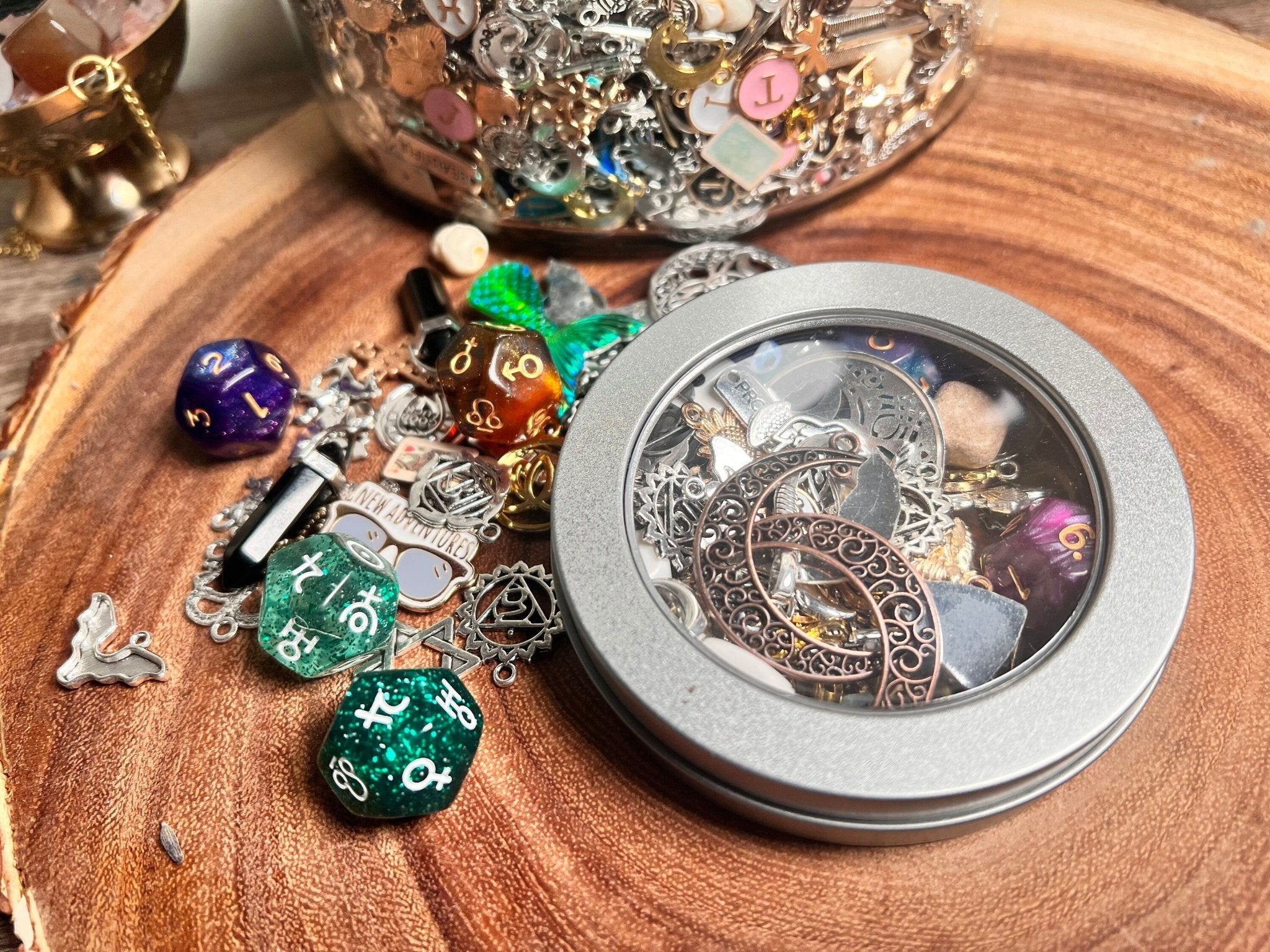 Divination Charm Confetti Scoop | Tin Window 100+ Items | Lucky Dip Mystery Divination | Witch Kit Readings Silver Gold Enamel Zodiac - MysticBluuMoonTarot