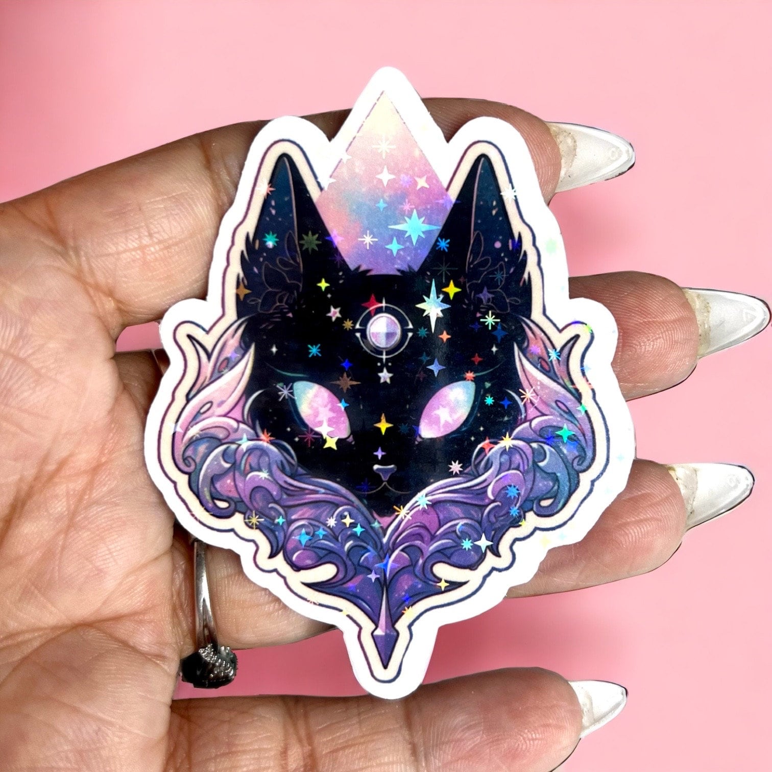 Celestial Cat Holographic Sticker | Witchy Sticker Cute Girly Spiritual Sticker for Notebook, Laptop, Phone, IPad Kindle, Kawaii, Tarot