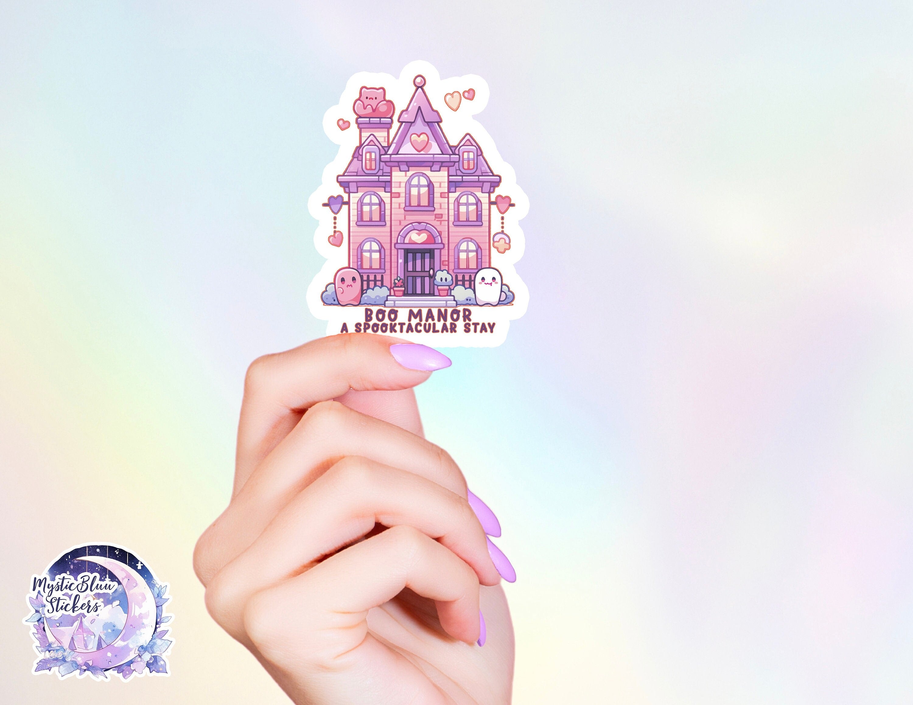 Cute Haunted House Sticker, Boo Manor Halloween stickers, spooky stickers, kindle stickers, holographic rainbow, funny quotes, laptop