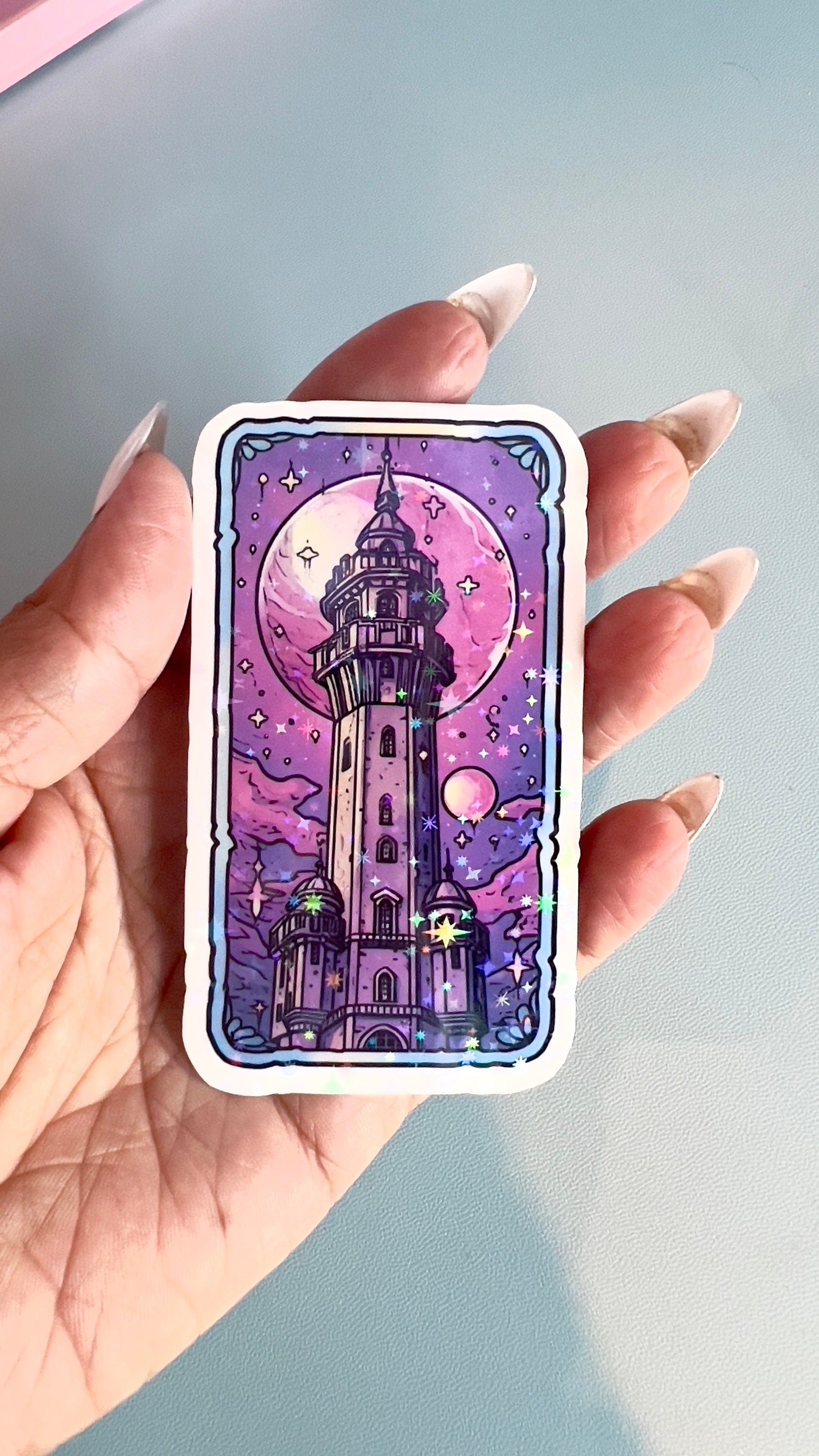 The Tower Tarot Sticker, booktok, journal, witchy sticker, kindle decor cover, moon stars, laptop, tablet, phone case, pastel mystic,