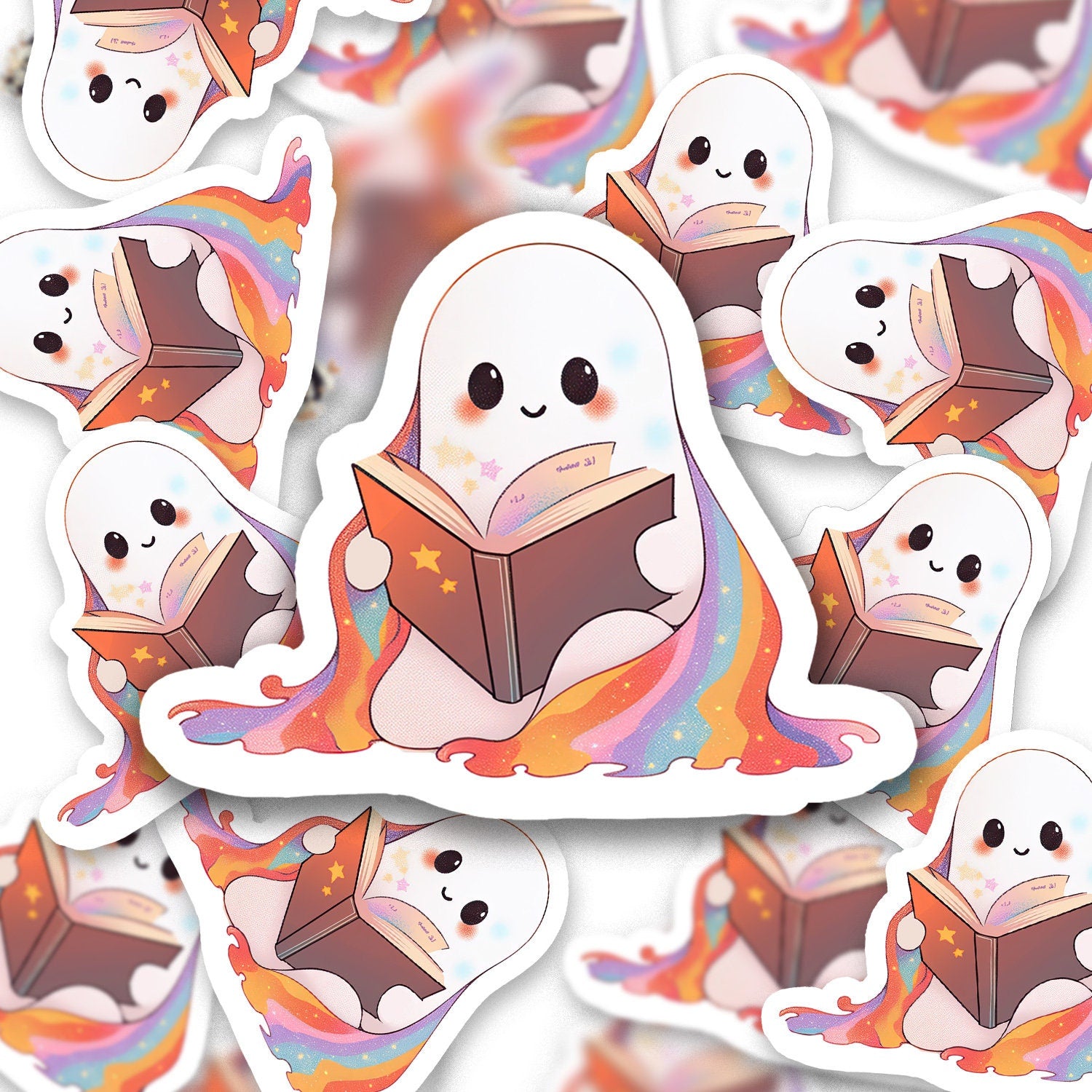 Ghost Reading Sticker, Retro Spooky Book Sticker, Bookish Lover, Matte Vinyl, Holographic Waterproof Kindle Laptop, Rainbow, Halloween