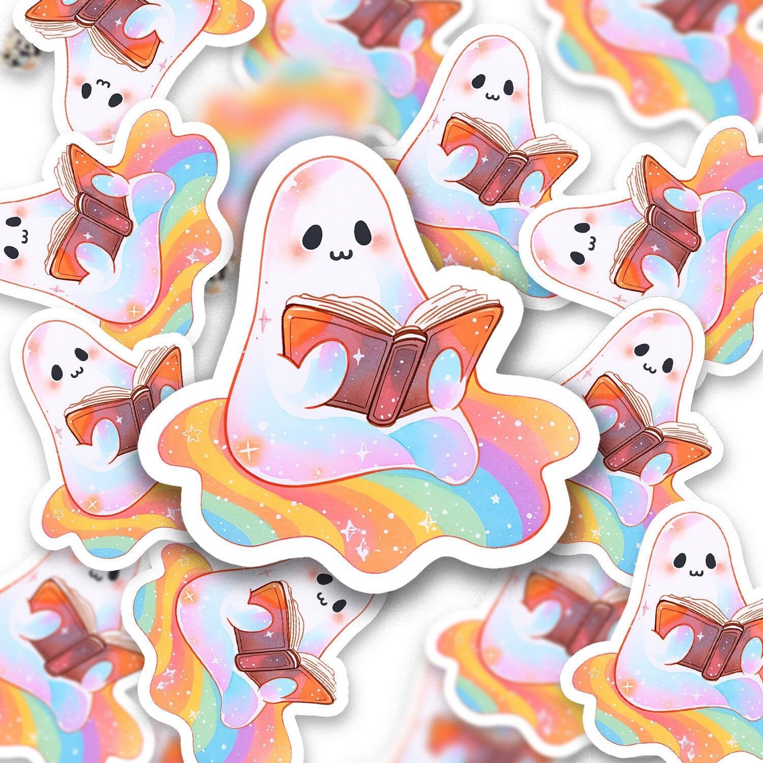 Ghost Reading Sticker, Retro Spooky Book Sticker, Bookish Lover, Matte Vinyl, Holographic Waterproof Kindle Laptop, Rainbow, Halloween