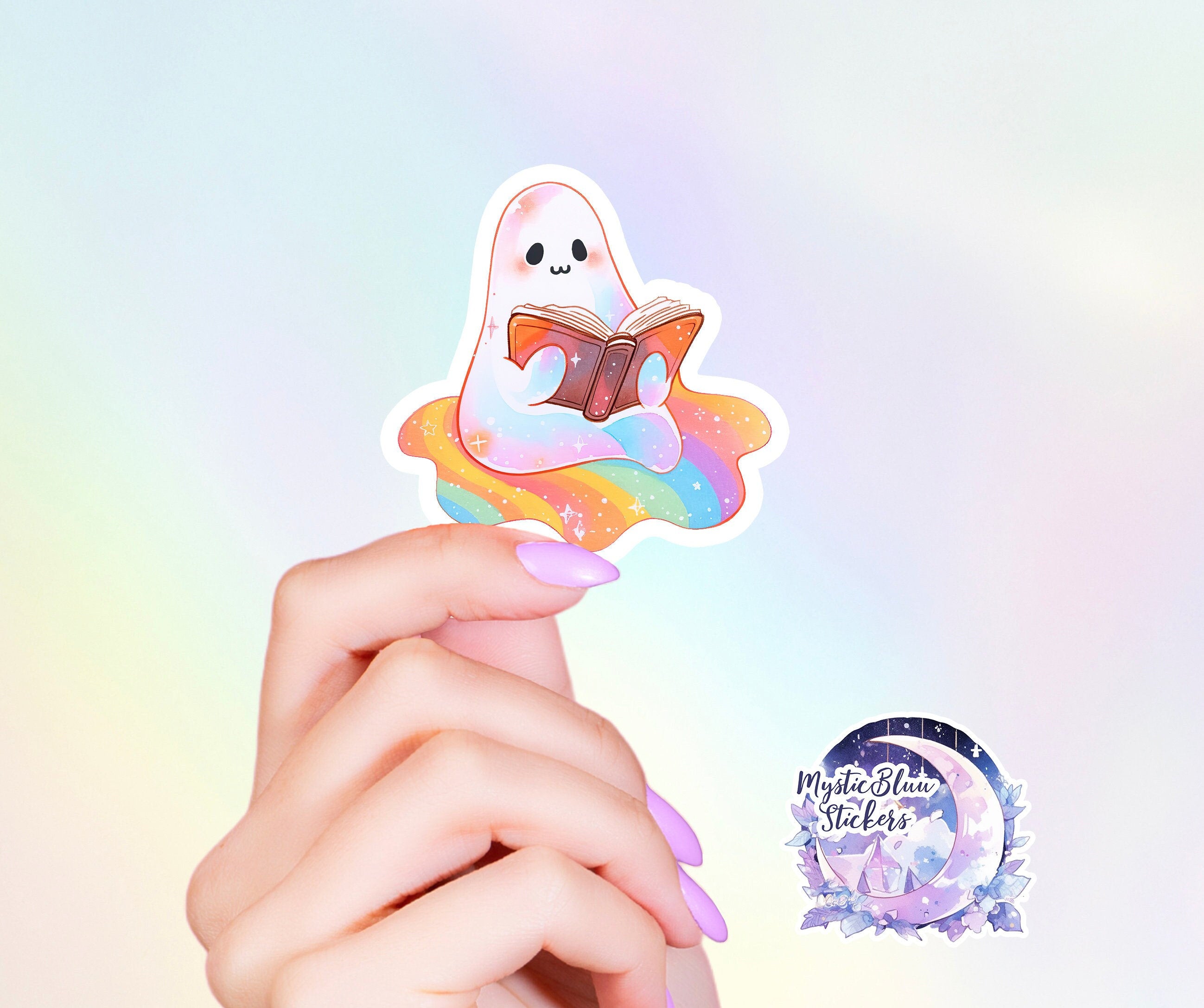 Ghost Reading Sticker, Retro Spooky Book Sticker, Bookish Lover, Matte Vinyl, Holographic Waterproof Kindle Laptop, Rainbow, Halloween