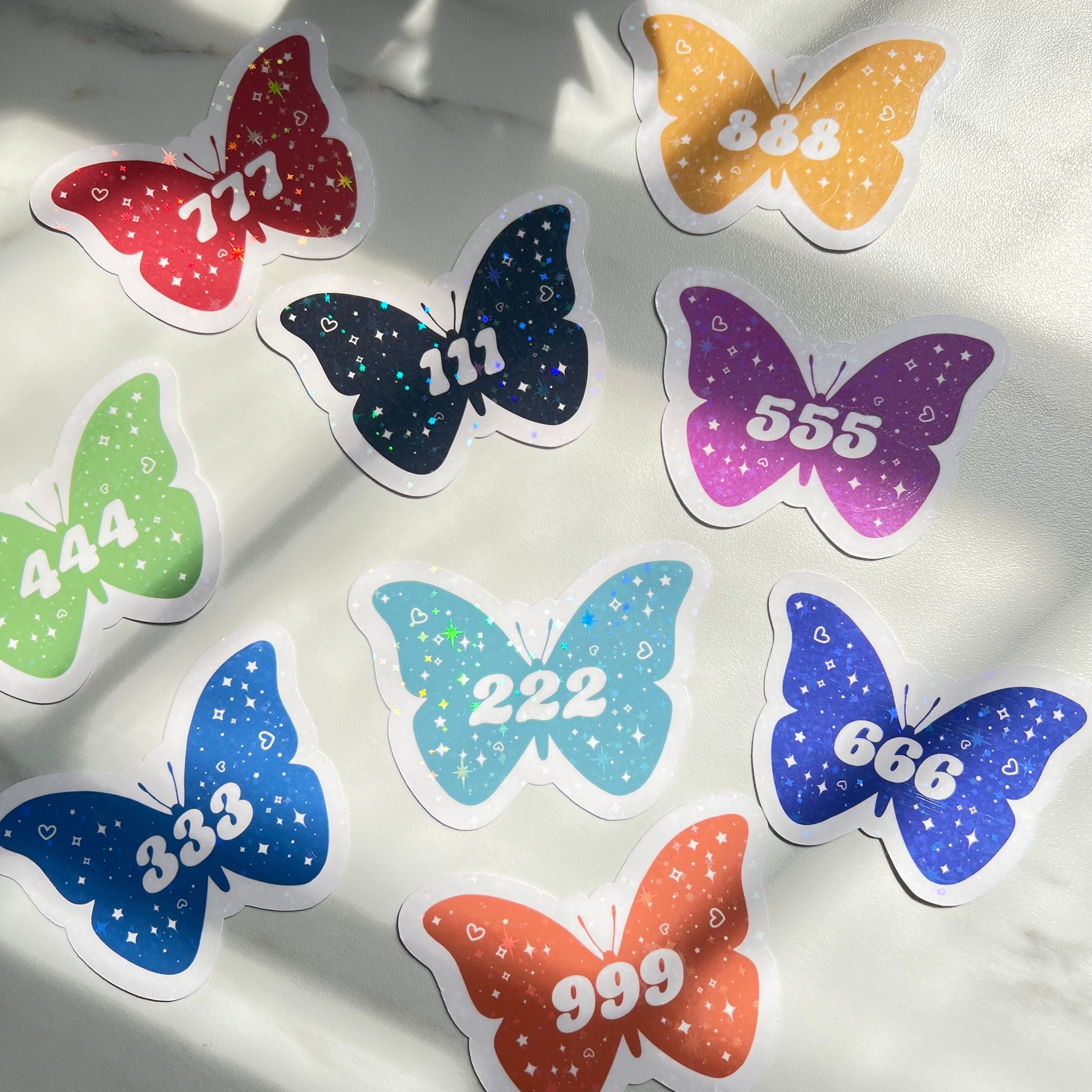 Angel Numbers Holographic Stickers Butterfly, Vinyl, Witchy Tarot Meaning, kindle stickers, laptop, die cut one piece sticker