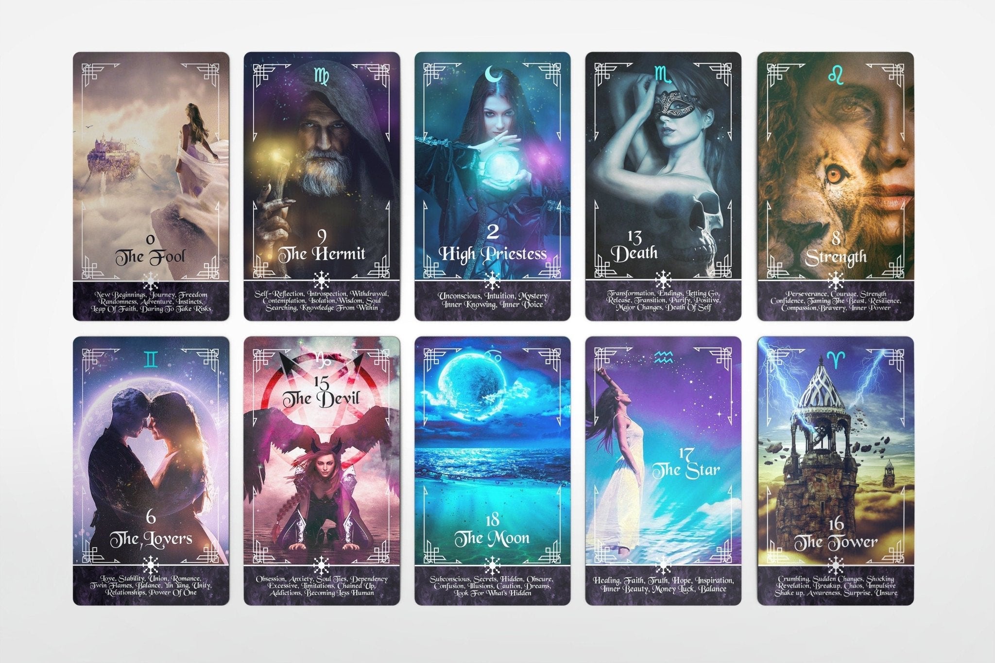 Mystical Realms Tarot Deck Beginner 78 Cards Keywords - MysticBluuMoonTarot