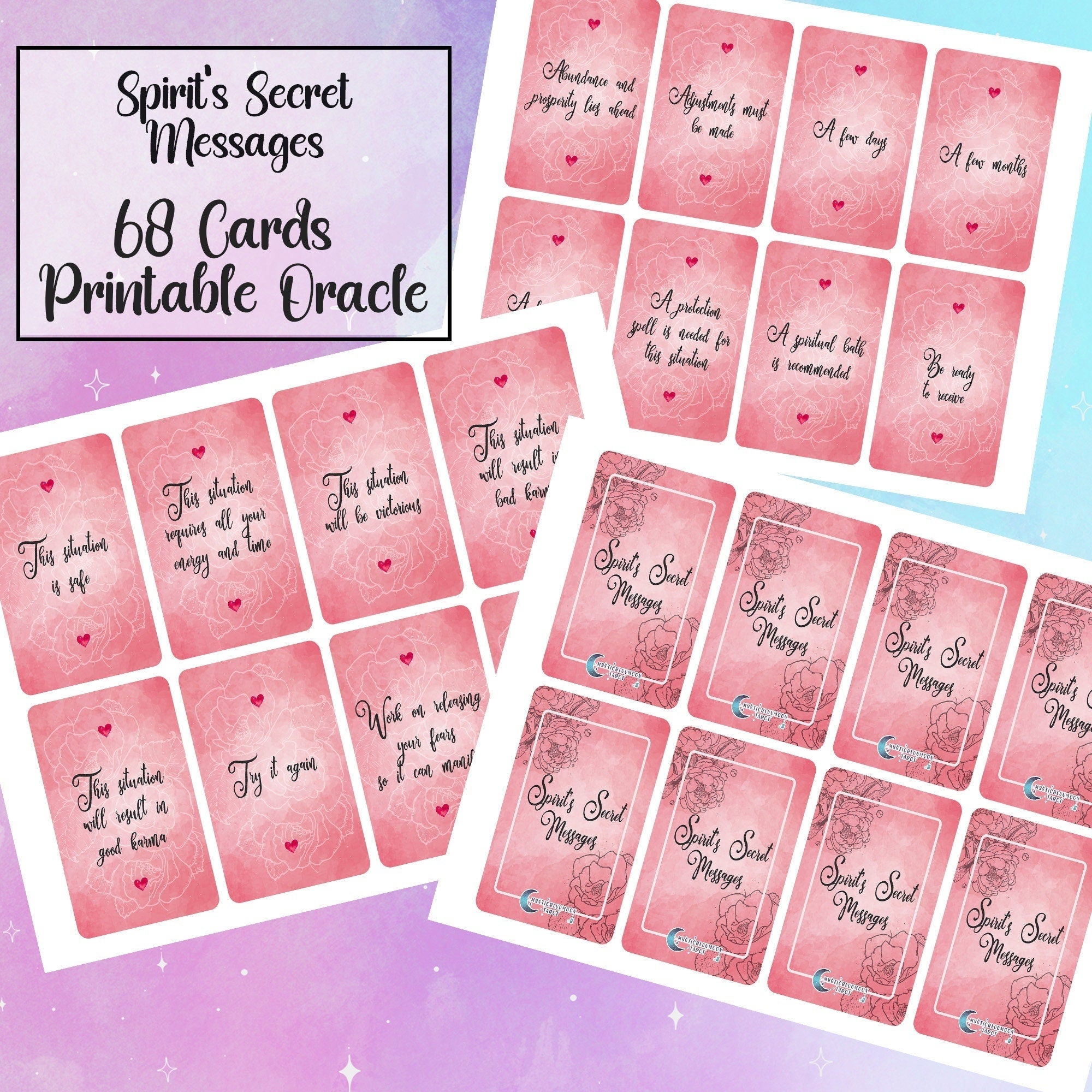 Spirit's Secret Messages Printable Oracle Deck - Digital File 68 Cards - Twin Flame Love Oracle - Tarot - INSTANT DOWNLOAD - MysticBluuMoonTarot