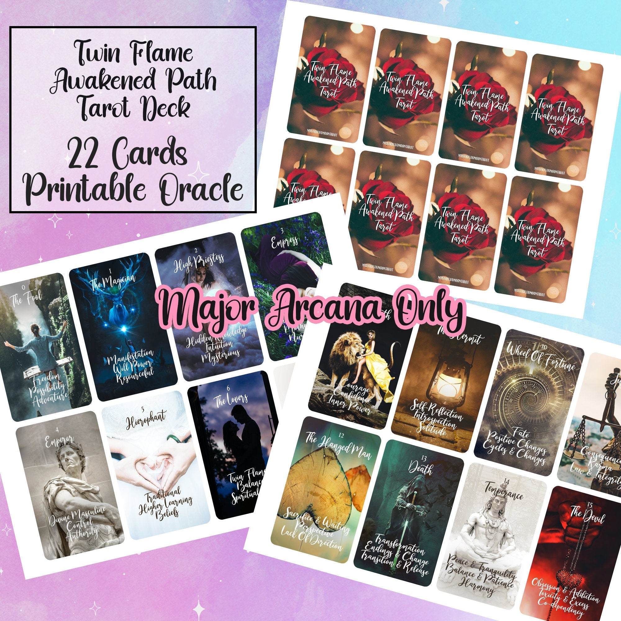 Twin Flame Printable Tarot Deck - Major Arcana Only Digital Tarot 22 Cards - Keywords Deck Love Oracle - Beginner - INSTANT DOWNLOAD - MysticBluuMoonTarot