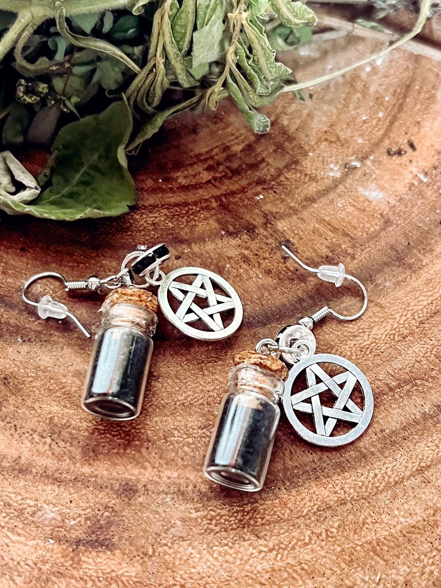 Witch Black Salt Jar Spell Protection Earrings - Black Obsidian Crystal Chip Wicca Witch Jewelry Hoodoo - MysticBluuMoonTarot