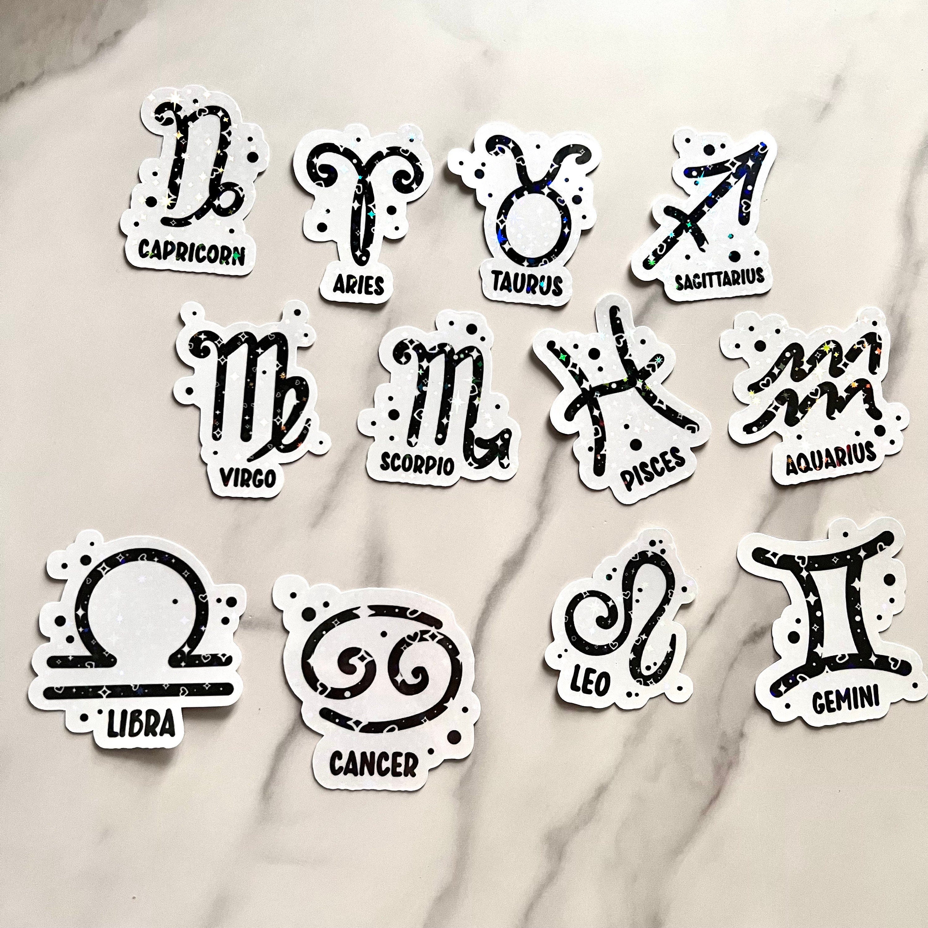 Zodiac Sticker Holographic 12 Star Sign, Black Vinyl, Witchy Tarot Horoscope, kindle stickers, laptop, die cut one piece sticker