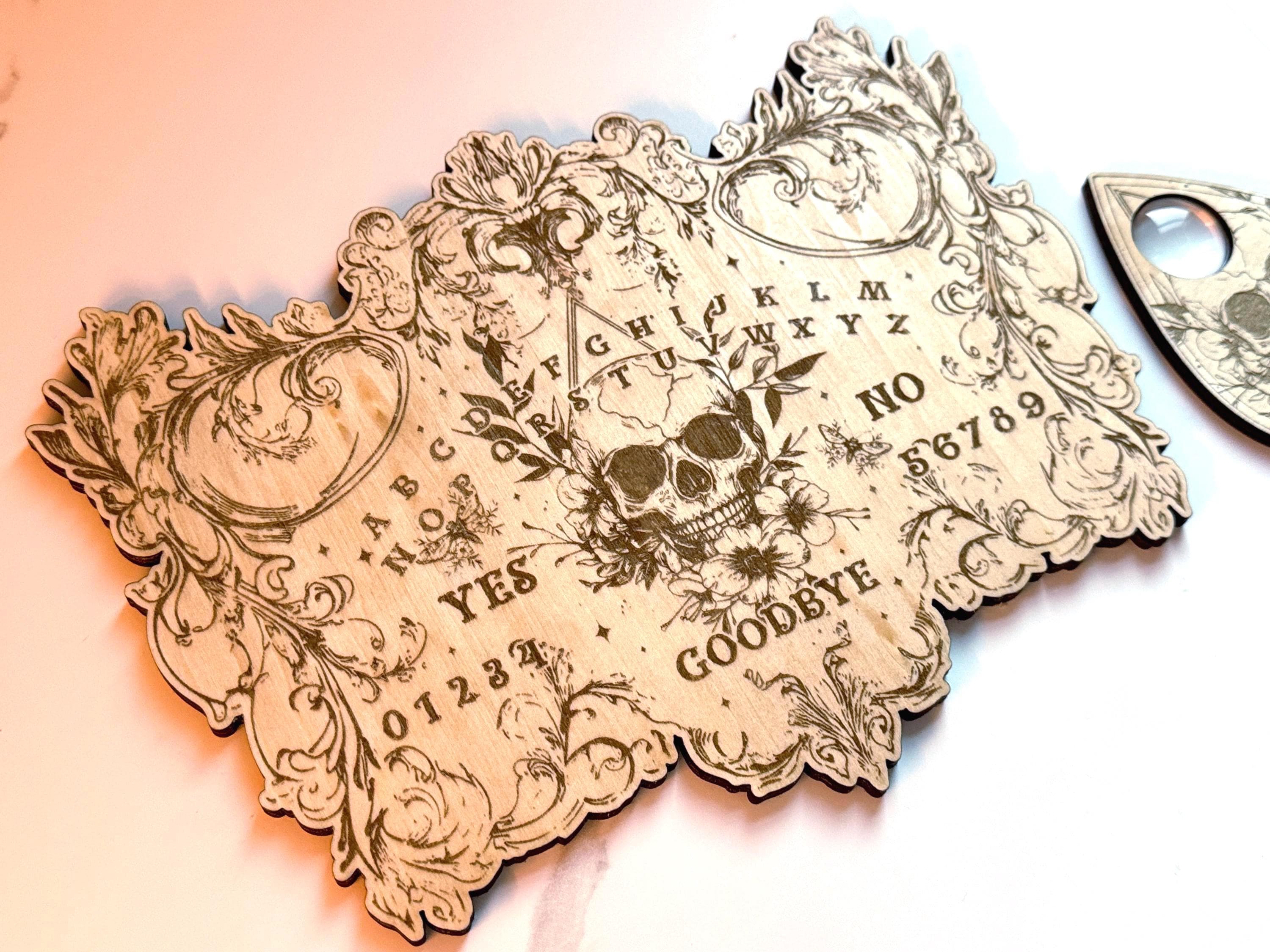 Wood Ouija Board, Floral Skull Spirit Board with Planchette, Divination Tool, Witchy Gifts, Talking Board, Altar Decoration