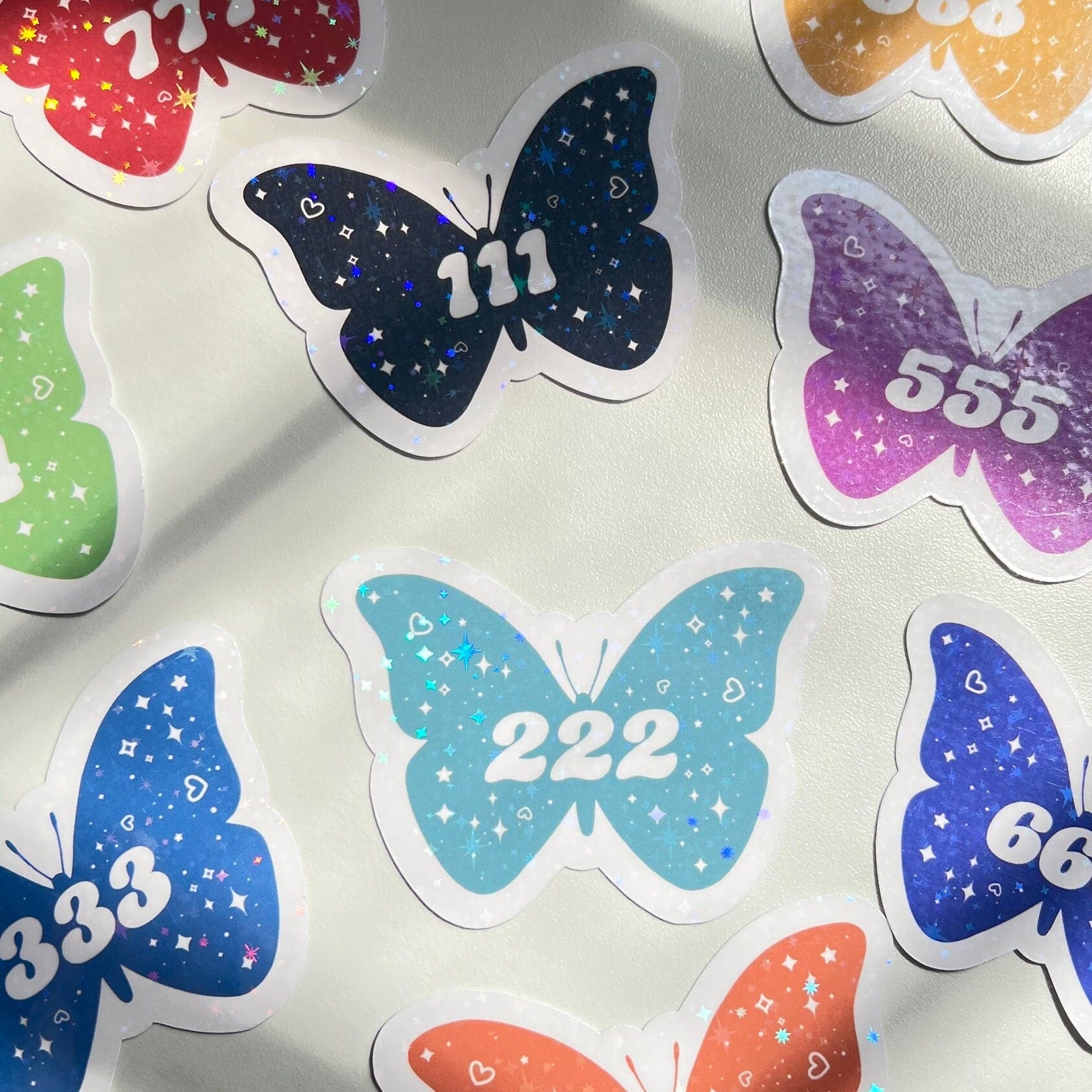 Angel Numbers Holographic Stickers Butterfly, Vinyl, Witchy Tarot Meaning, kindle stickers, laptop, die cut one piece sticker