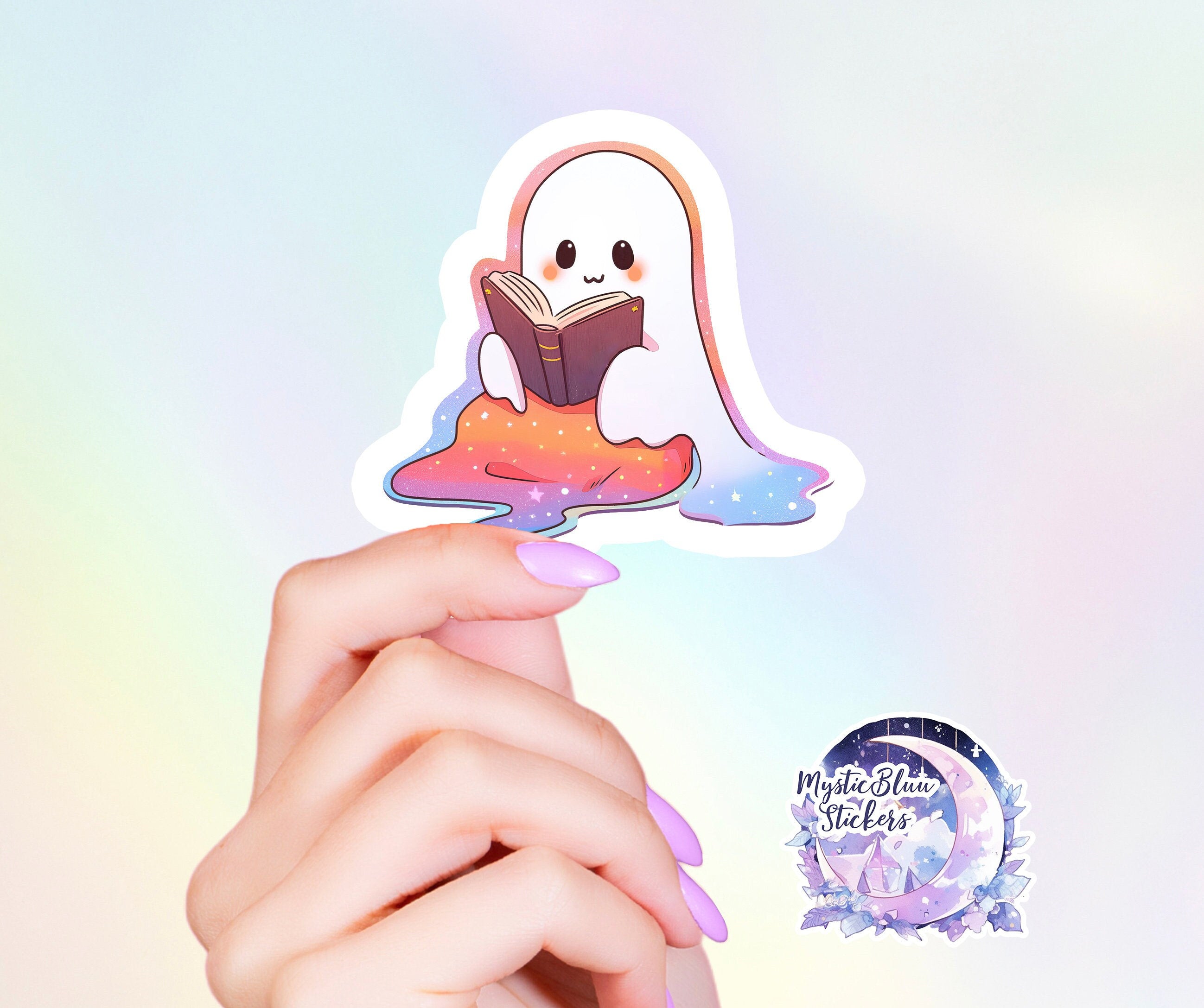 Ghost Reading Sticker, Retro Spooky Book Sticker, Bookish Lover, Matte Vinyl, Holographic Waterproof Kindle Laptop, Rainbow, Halloween