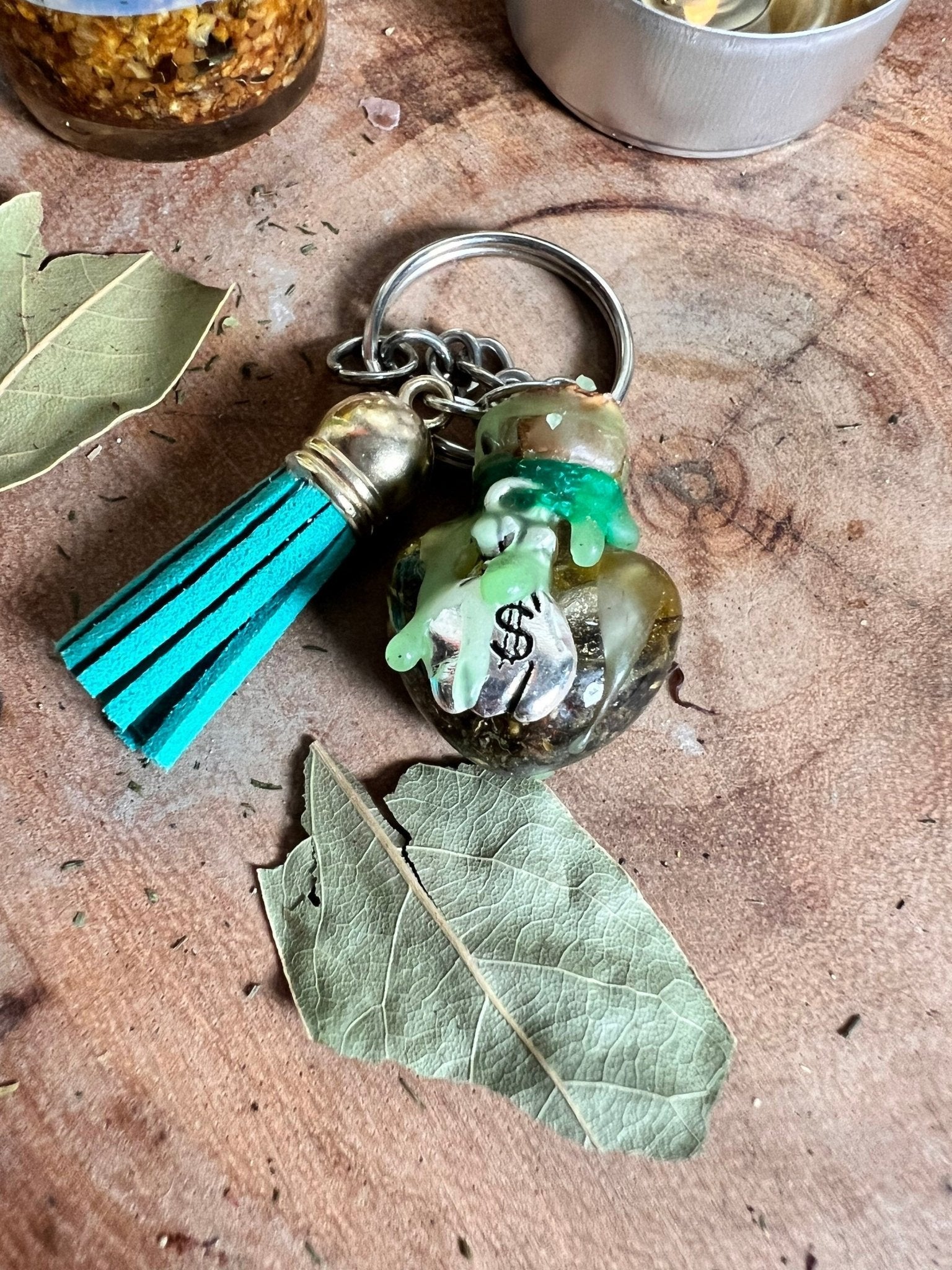 Money Spell Jar Keychain Charms Necklace - Intentions Lodestone Jewelry Money Luck Drawing Prosperity Hoodoo Spell Gift - MysticBluuMoonTarot