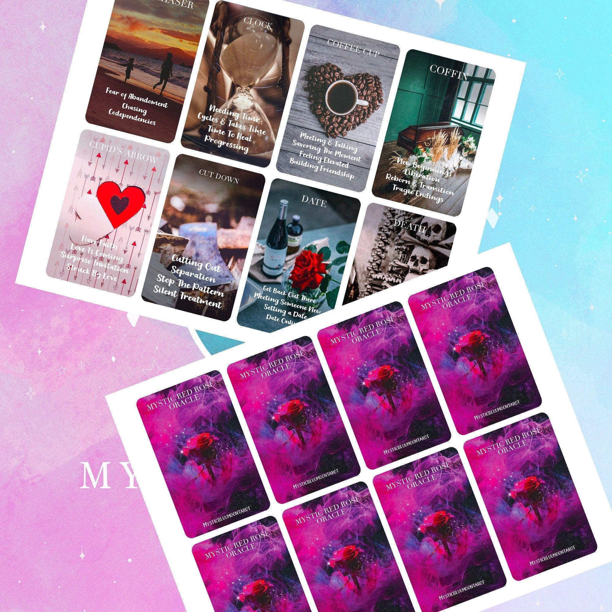 Mystic Red Rose Printable Oracle Deck - Digital File 53 Cards - Twin F