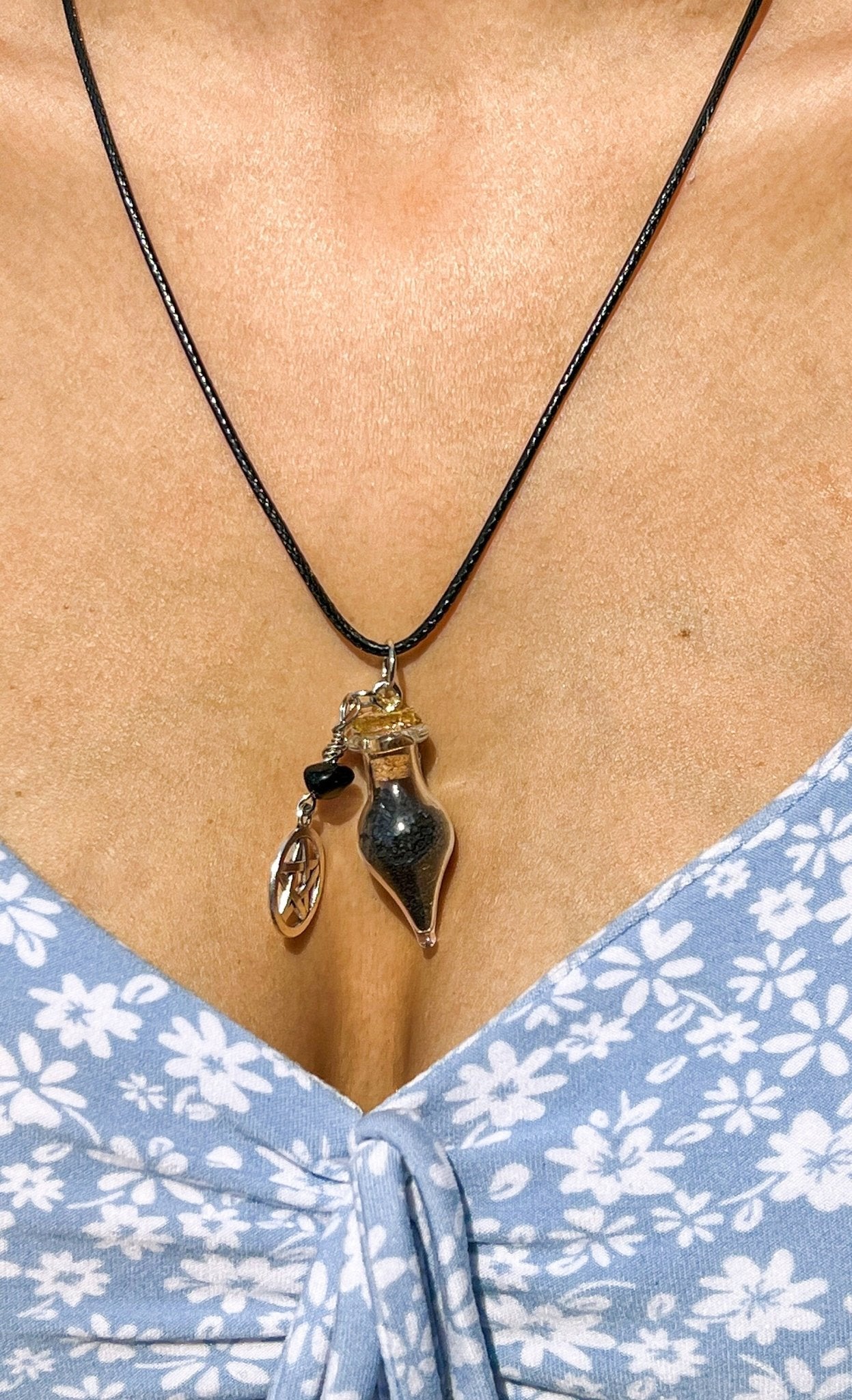 Witch Black Salt Jar Spell Necklace Protection Earrings - Wire Wrapped Black Obsidian Crystal Chip Wicca Witch Jewelry Hoodoo - MysticBluuMoonTarot